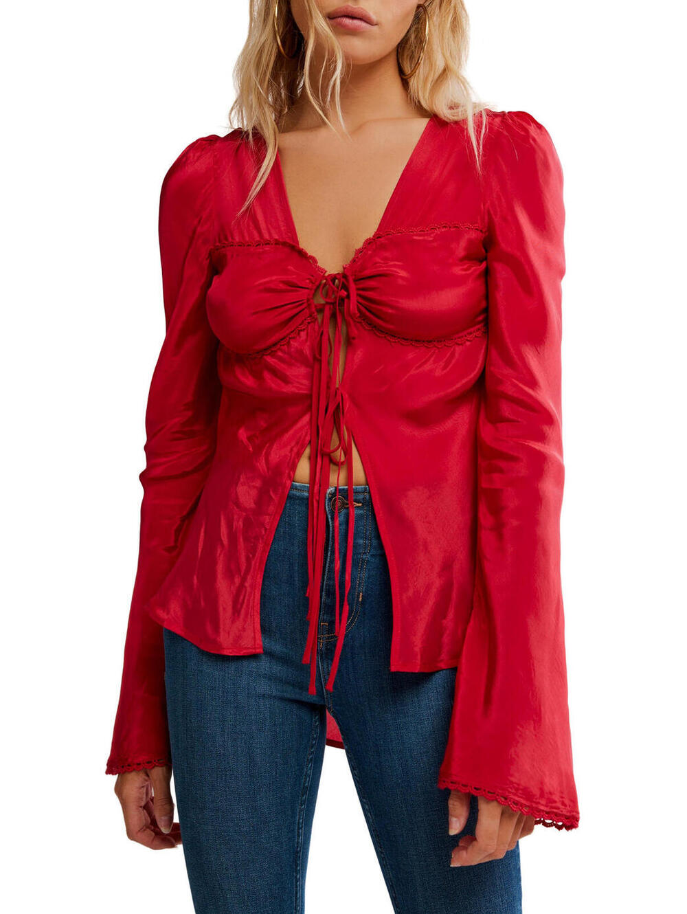 NWT! Free People Bali Bell Sleeve Tie Front Top in Salsa Size Small